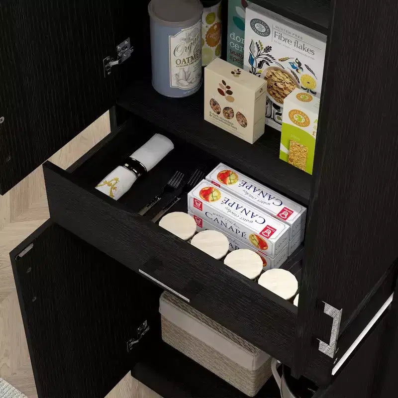 Dispensa da cucina indipendente in legno nero anticato, con 4 ante e cassetto, 1 persona